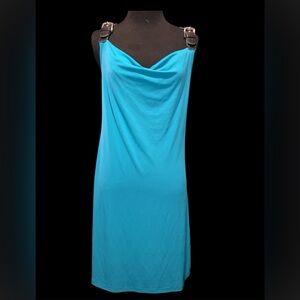 Michael Kors Small Y2K 2000 Turquoise Dress w/ drape neck and belt buckle straps